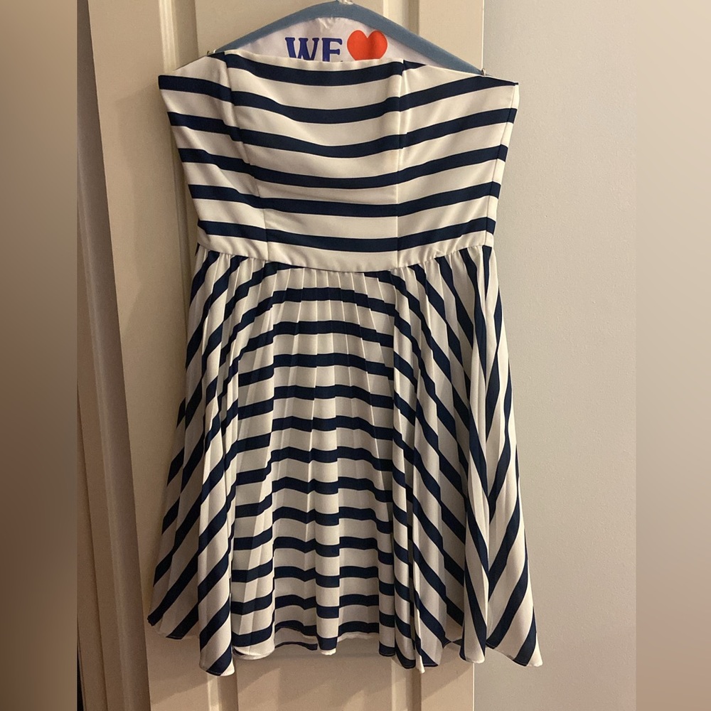 Navy and white striped strapless dress